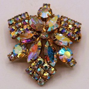 Unique Design Vintage Aurora Borealis Crystal Marquis and Round Cut Glass Brooch